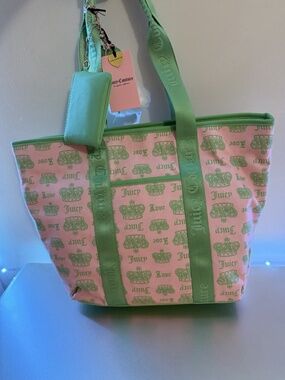 Juicy Couture Crown Juicy Festival Tote Bag Pink Diamond Green W/Plush Charm NEW
